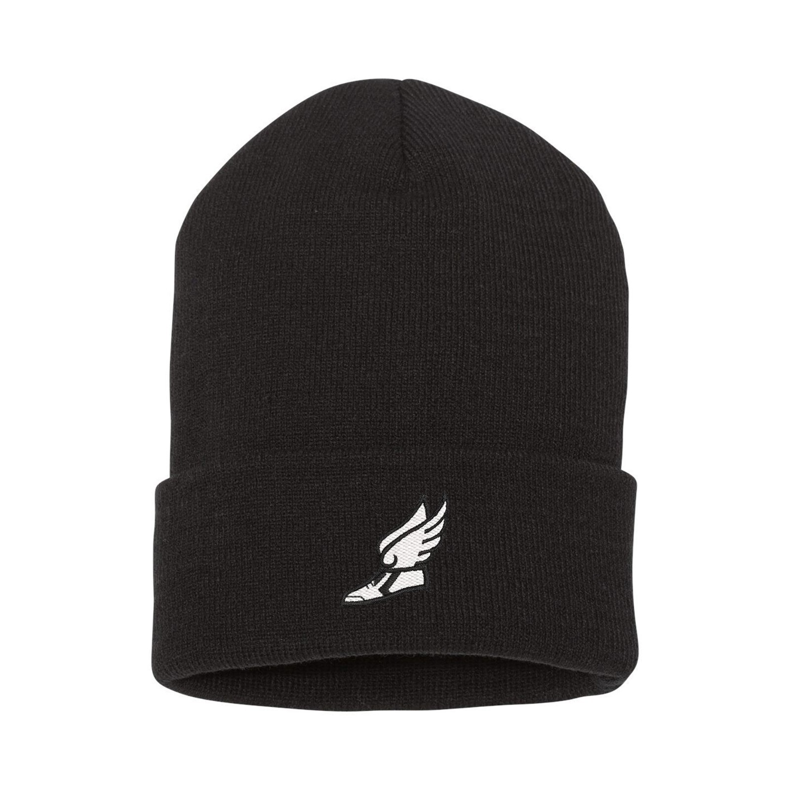 Running symbol embroidered beanie hat, cross country runner logo beanie hat