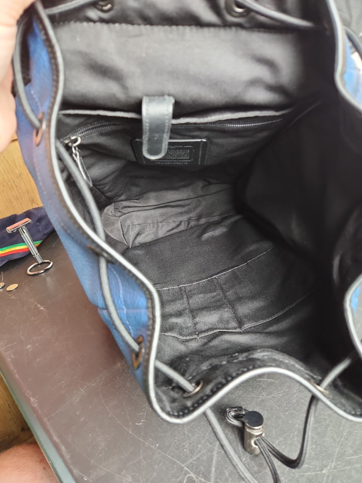 Coach Henry Pebbled Leather Backpack Carry Bag Blue Black F56013 Large Size