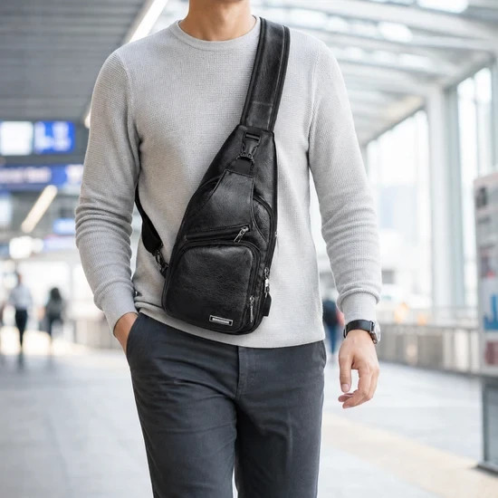 Black Chest Crossbody Bag Sling Backpack for Men with USB Charge Port Hole