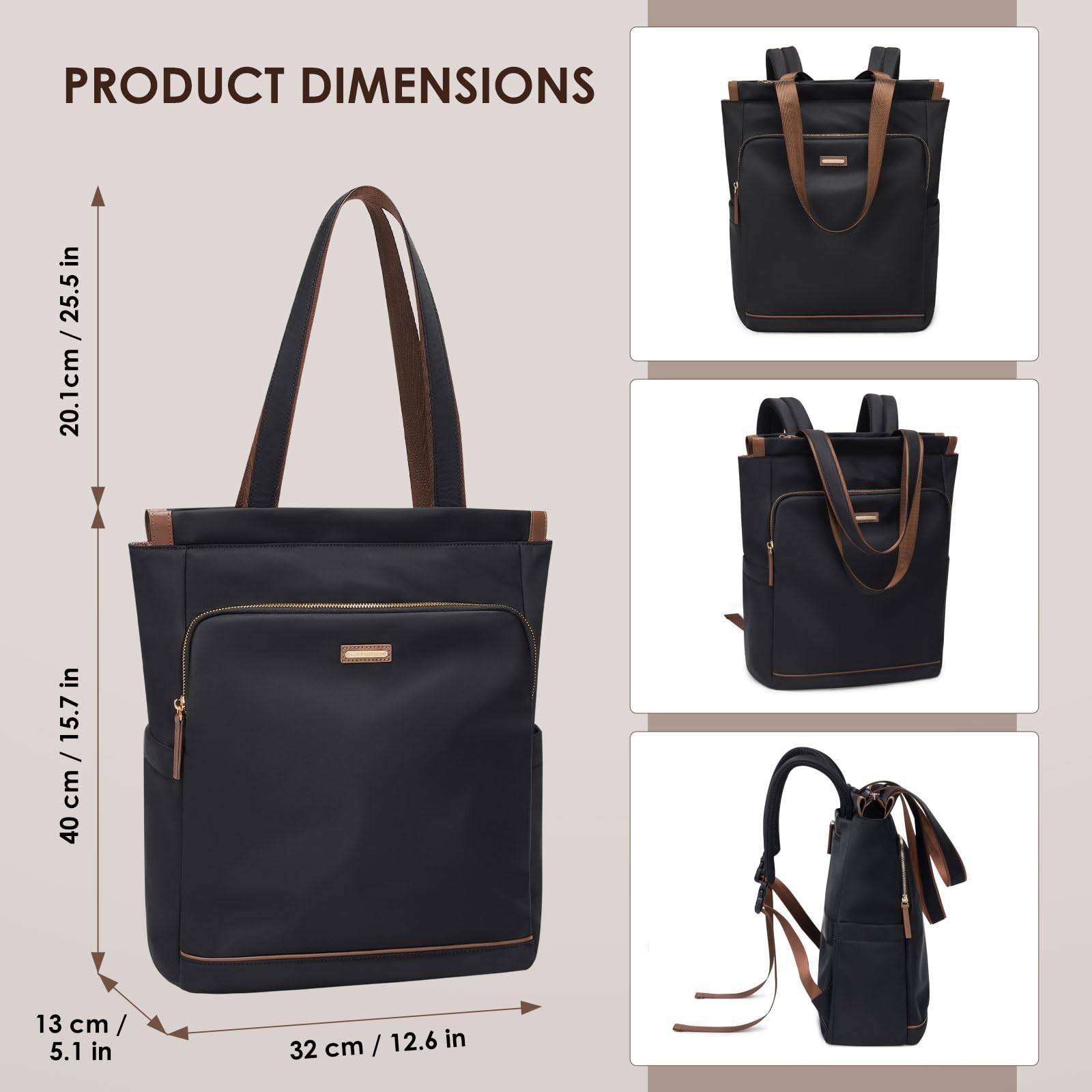 Convertible Laptop Backpack For Women Casual Daypack Notebook Tote Bag Black