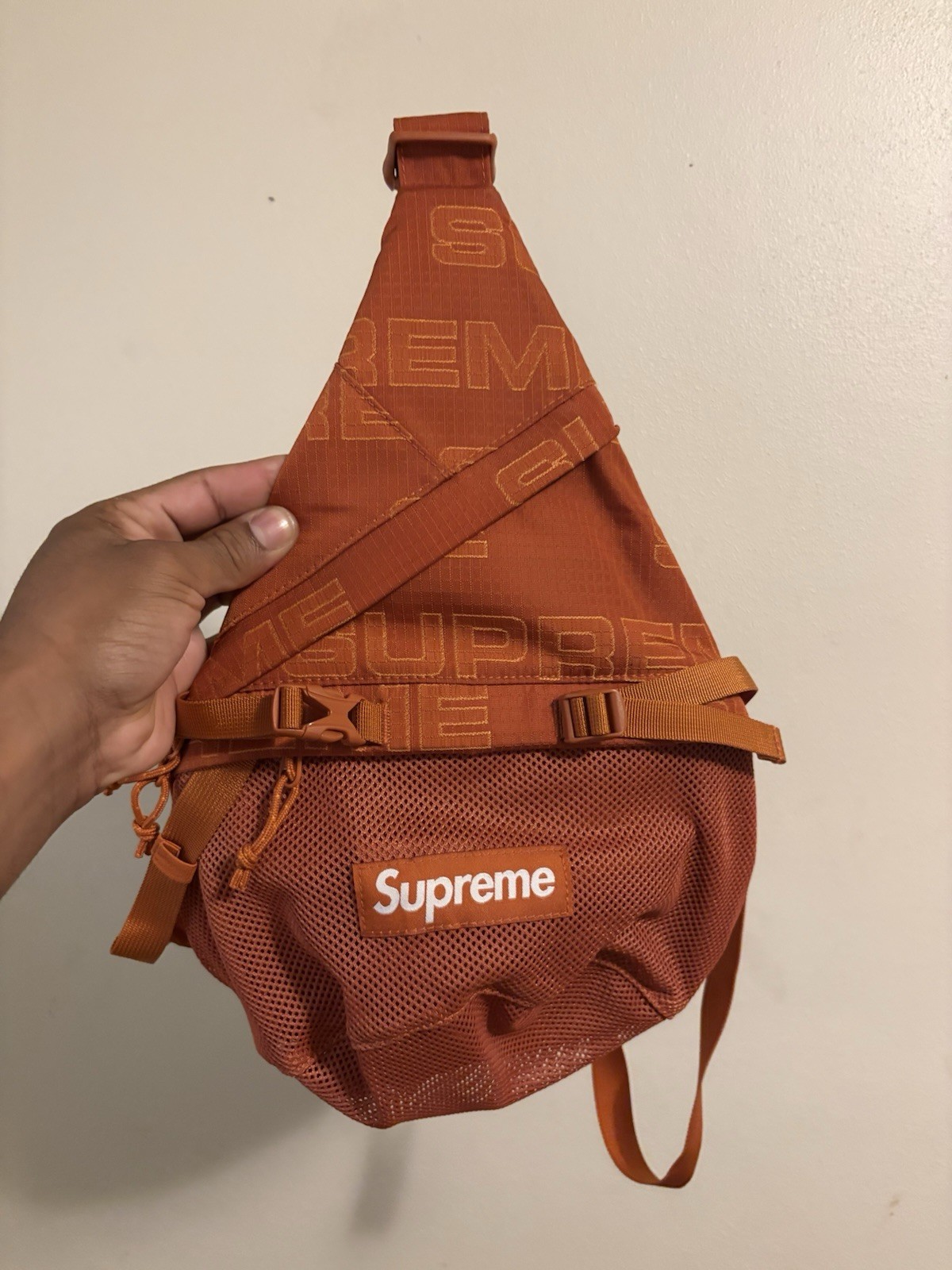 Supreme Orange Logo Sling Bag Mesh Front Crossbody Adjustable Strap Zip/Buckle