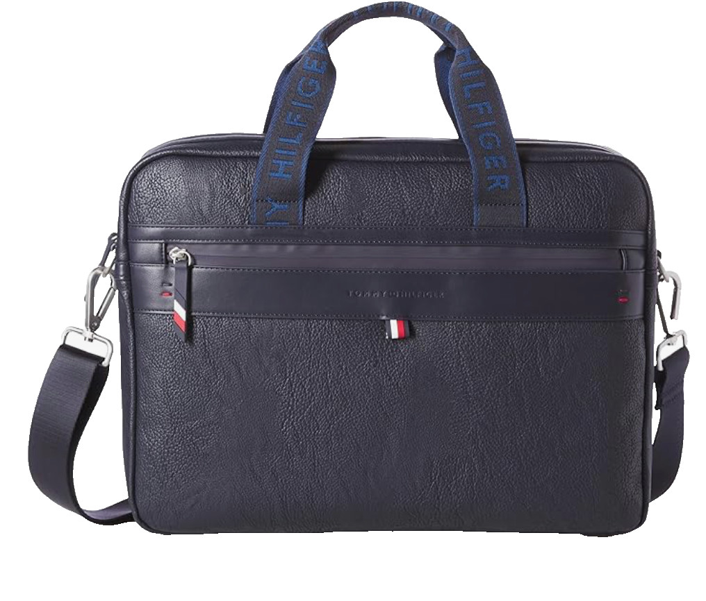 New Men’s Tommy Hilfiger Leo Briefcase Navy Blue w/ Shoulder Strap Faux Leather
