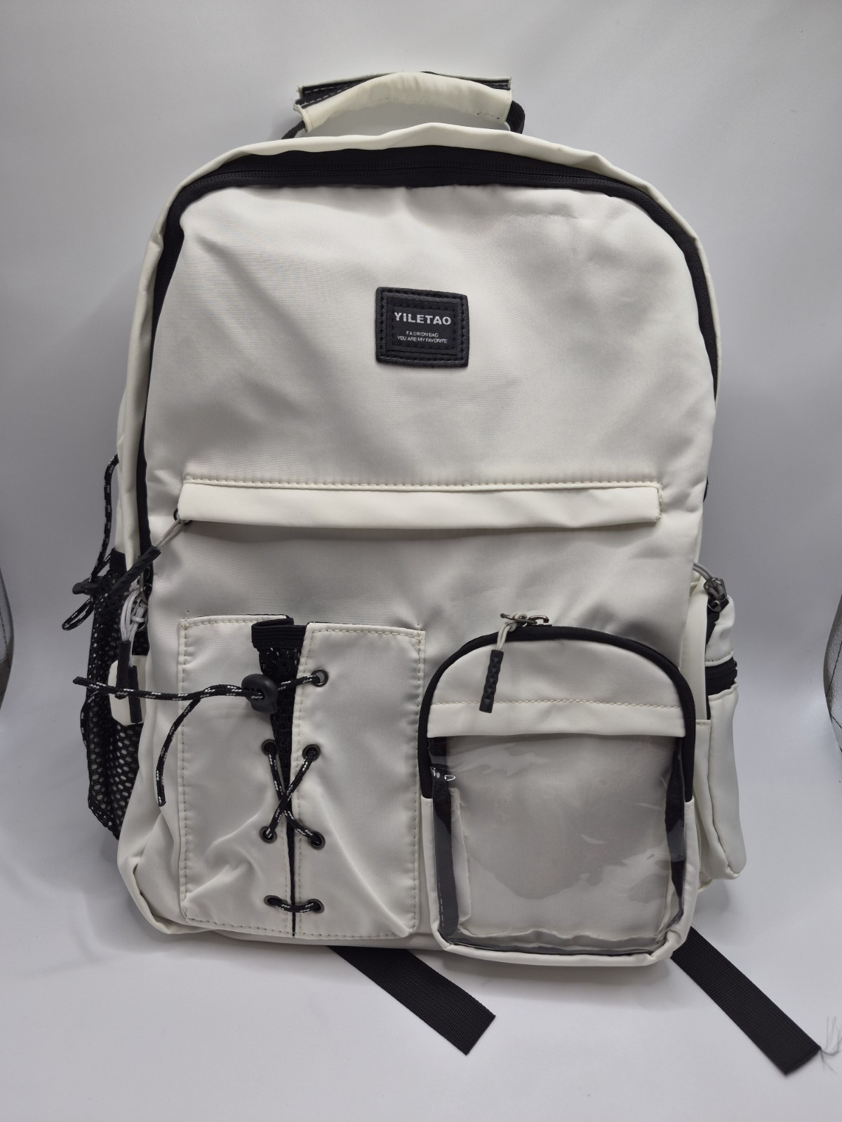 Back To School White Backpack w/ Clear Front Pocket, Black Trim, Zip/Drawstring