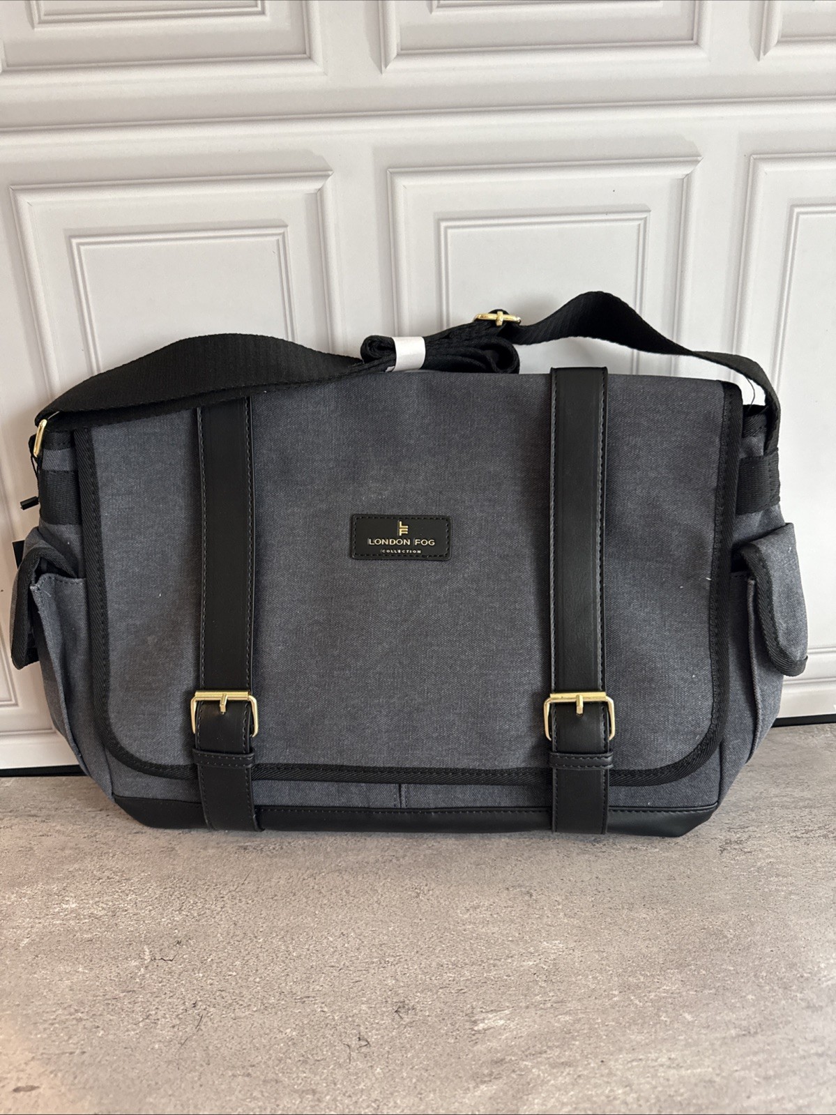 London Fog Collection Canvas Messenger Bag NEW Dark Gray Black Trim