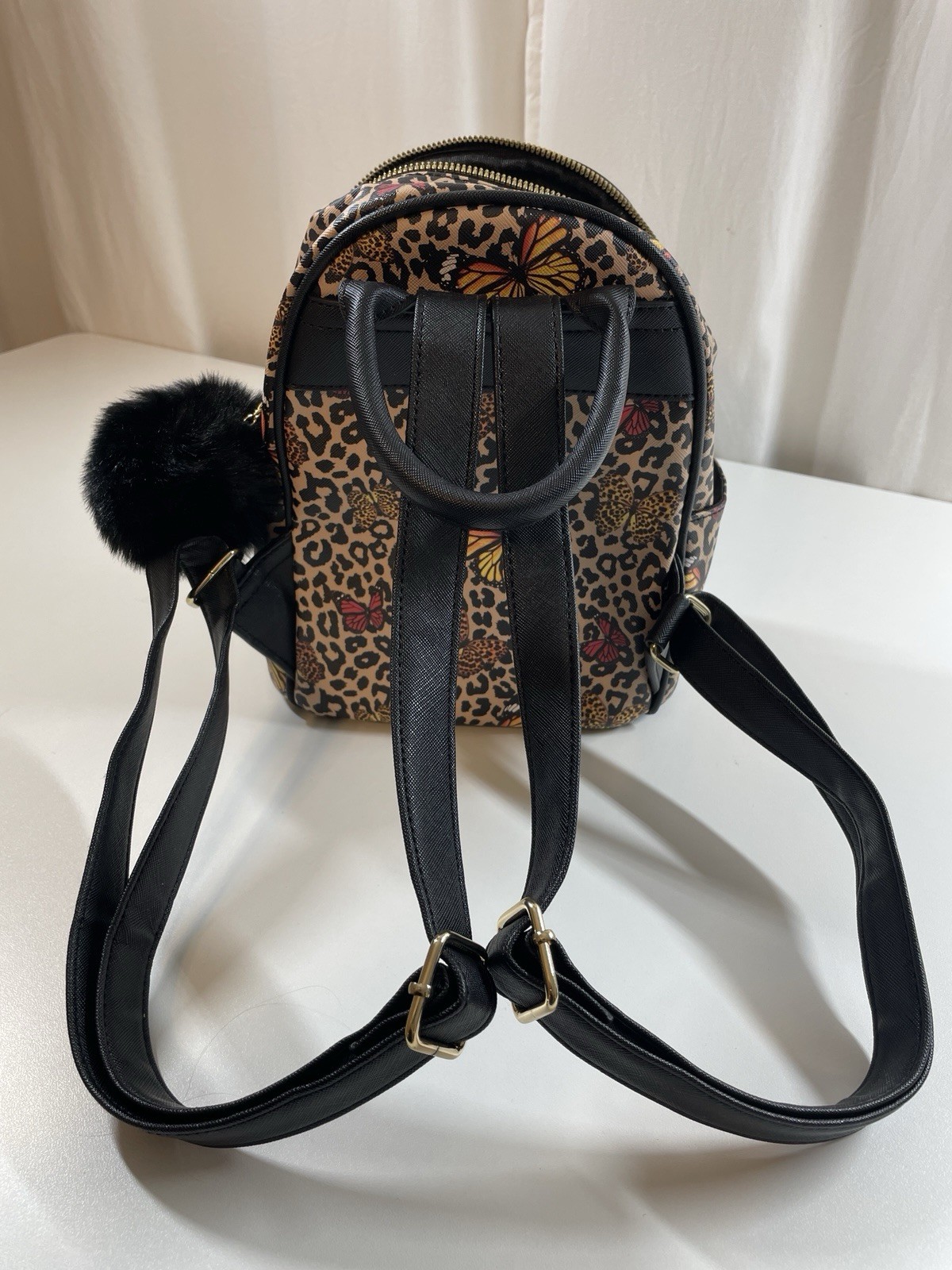 Like Dreams Backpack Purse Leopard Cheetah Butterfly Print Furry Black Bag Charm