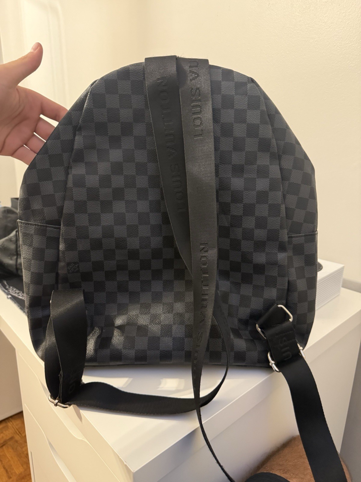 Louis Vuitton Men’s Checkered Zip Backpack Shoulder Strap Black Gray