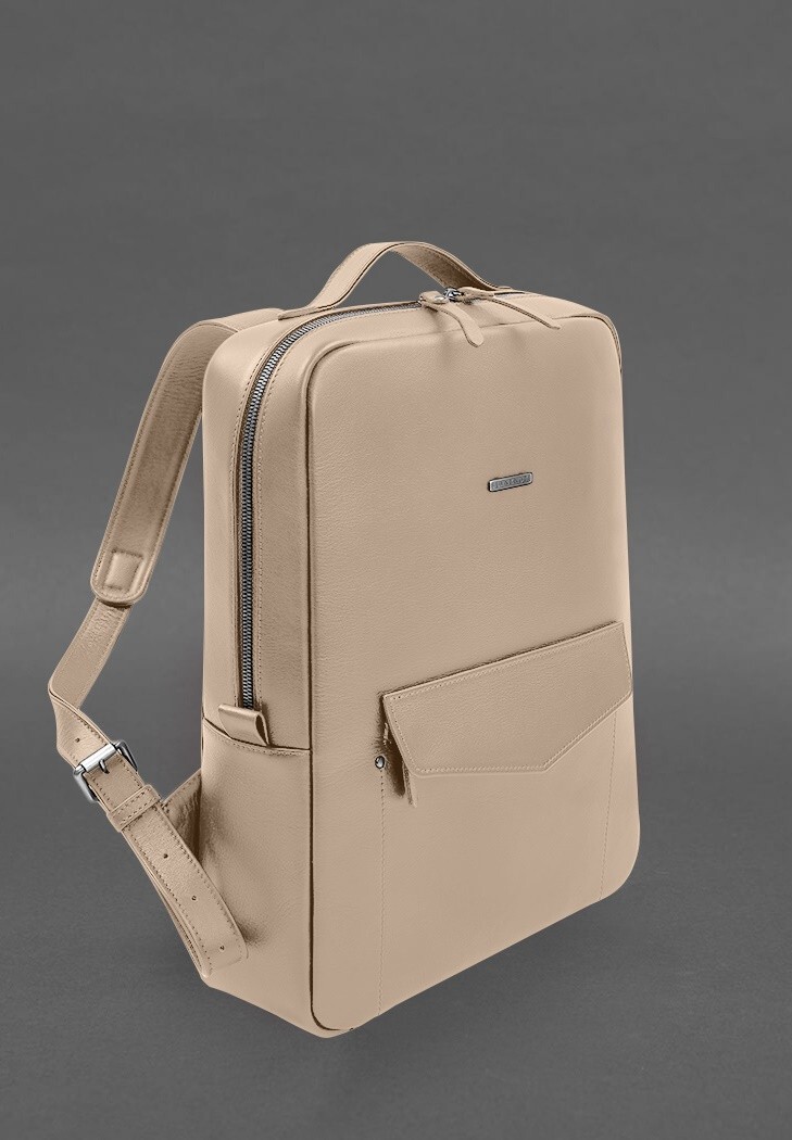 Lux Beige Leather City Office Backpack Engraving Study Workbag