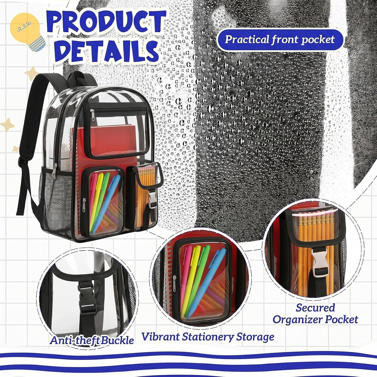 29 Pcs Clear Backpacks with Study Supplies, 17In Transparent PVC Bag for Element
