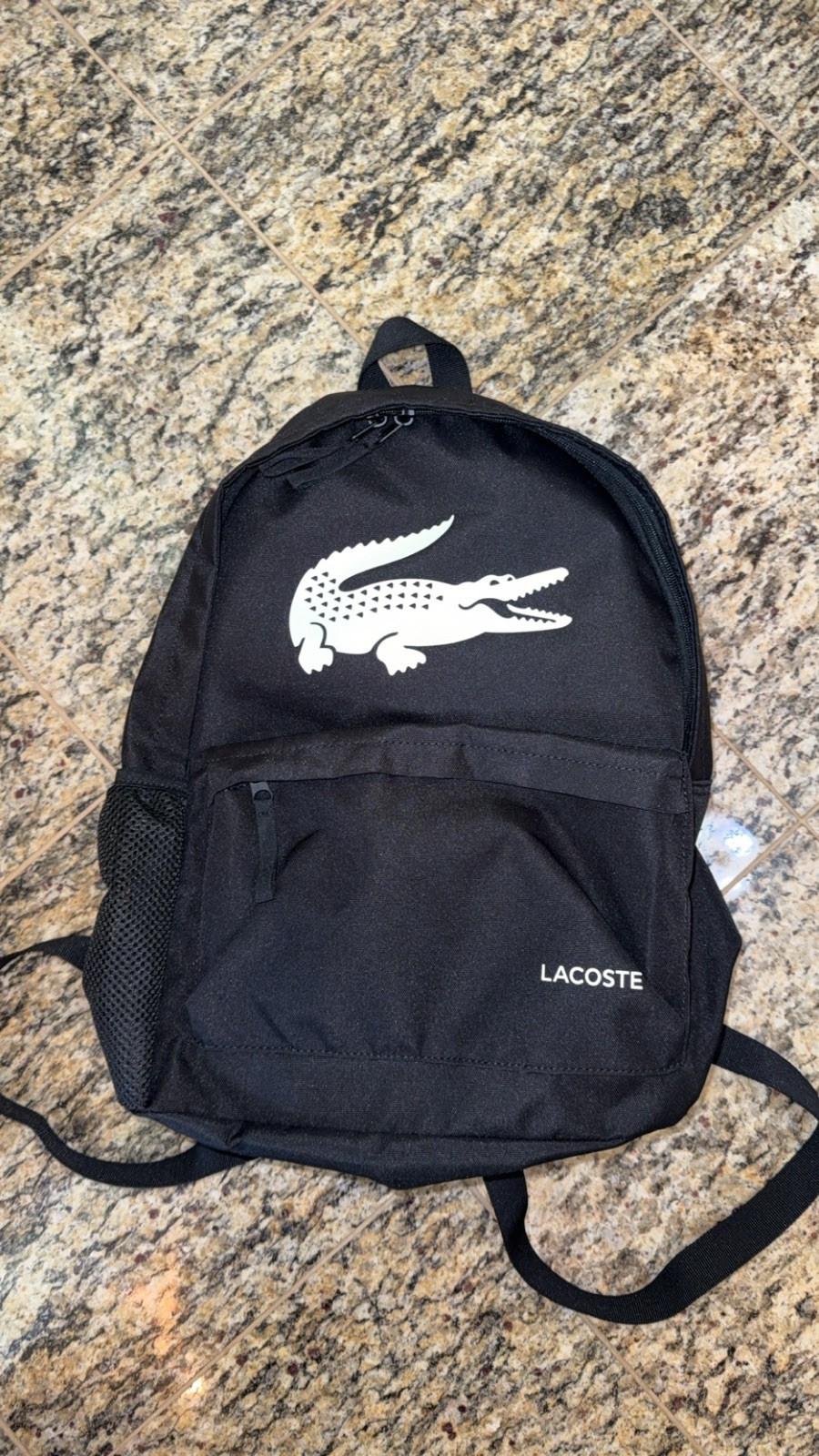 LACOSTE $98 Backpack BIG CROC LOGO bag side pocket Black AUTHENTIC NEW NH5184OM