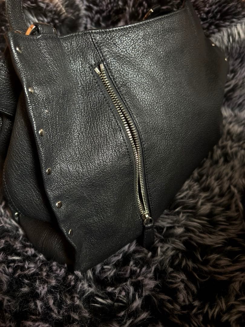 Lanvin Rivets Leather Bag Shoulder Black Silver Used
