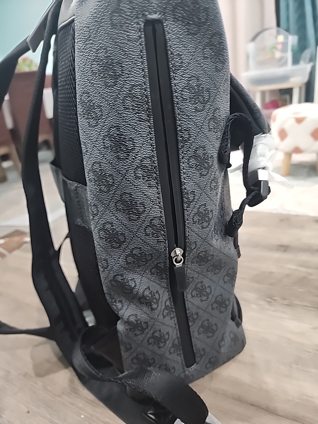 GUESS Salameda Logo Backpack Grey Blaster Wash Utility Drawstring Laptop Pocket