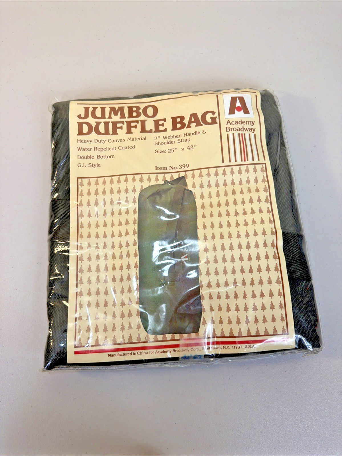 NEW VTG Academy Broadway Army Style Bag Camping Duffel Retro Olive- RARE 25”x42”