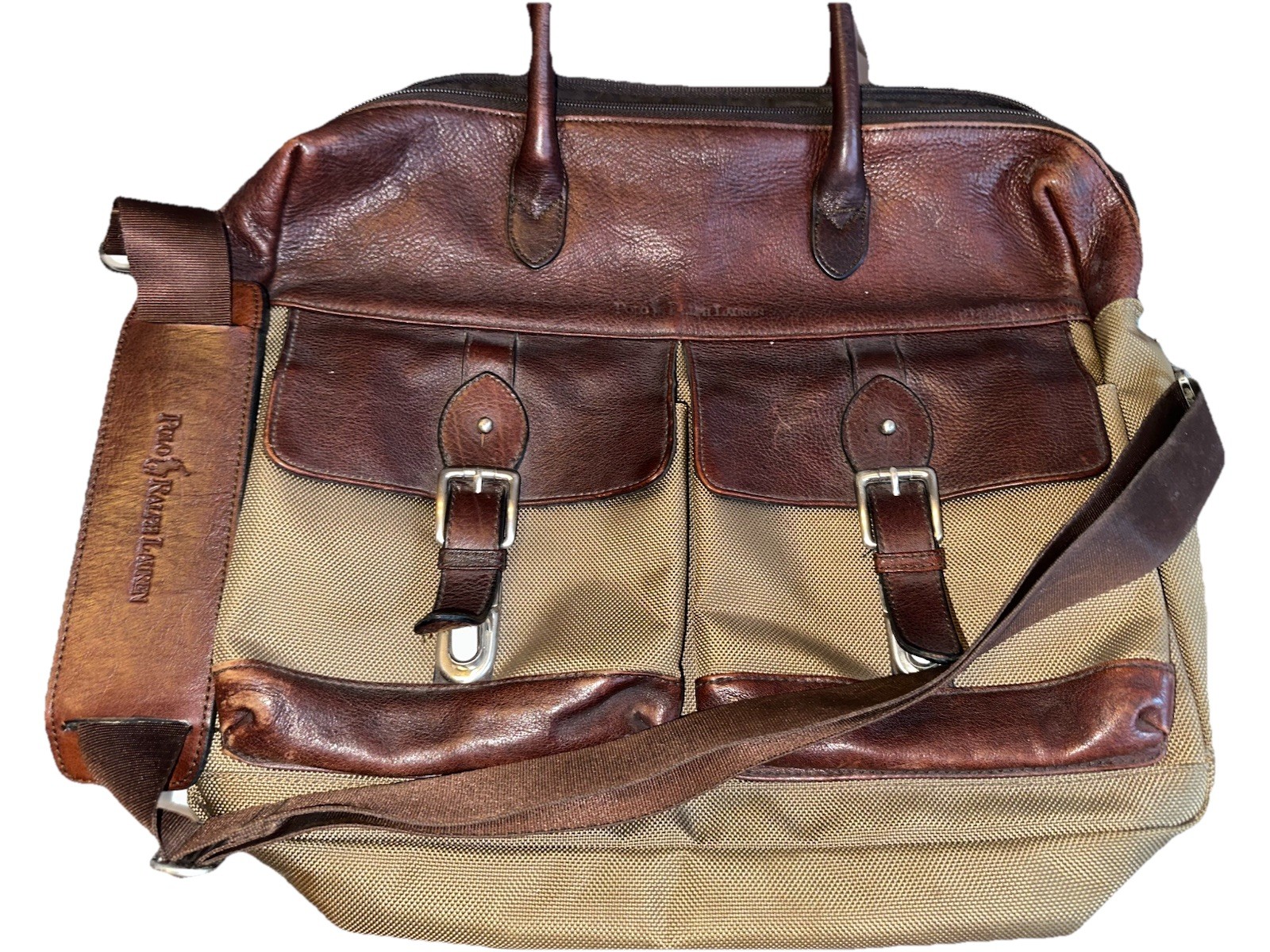 Vintage Polo Ralph Lauren Leather Canvas Laptop Briefcase Messenger Bag Brown