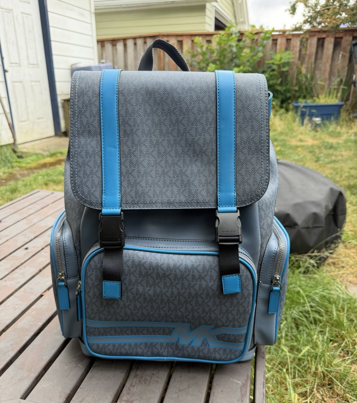Michael Kors Logo Backpack Gray Blue Black Large Drawstring Buckle Pockets