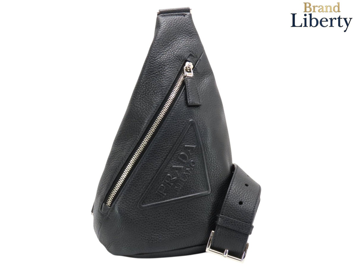 PRADA VITELLO DAINO Triangle Logo Leather Sling Bag NERO Black 2VZ098