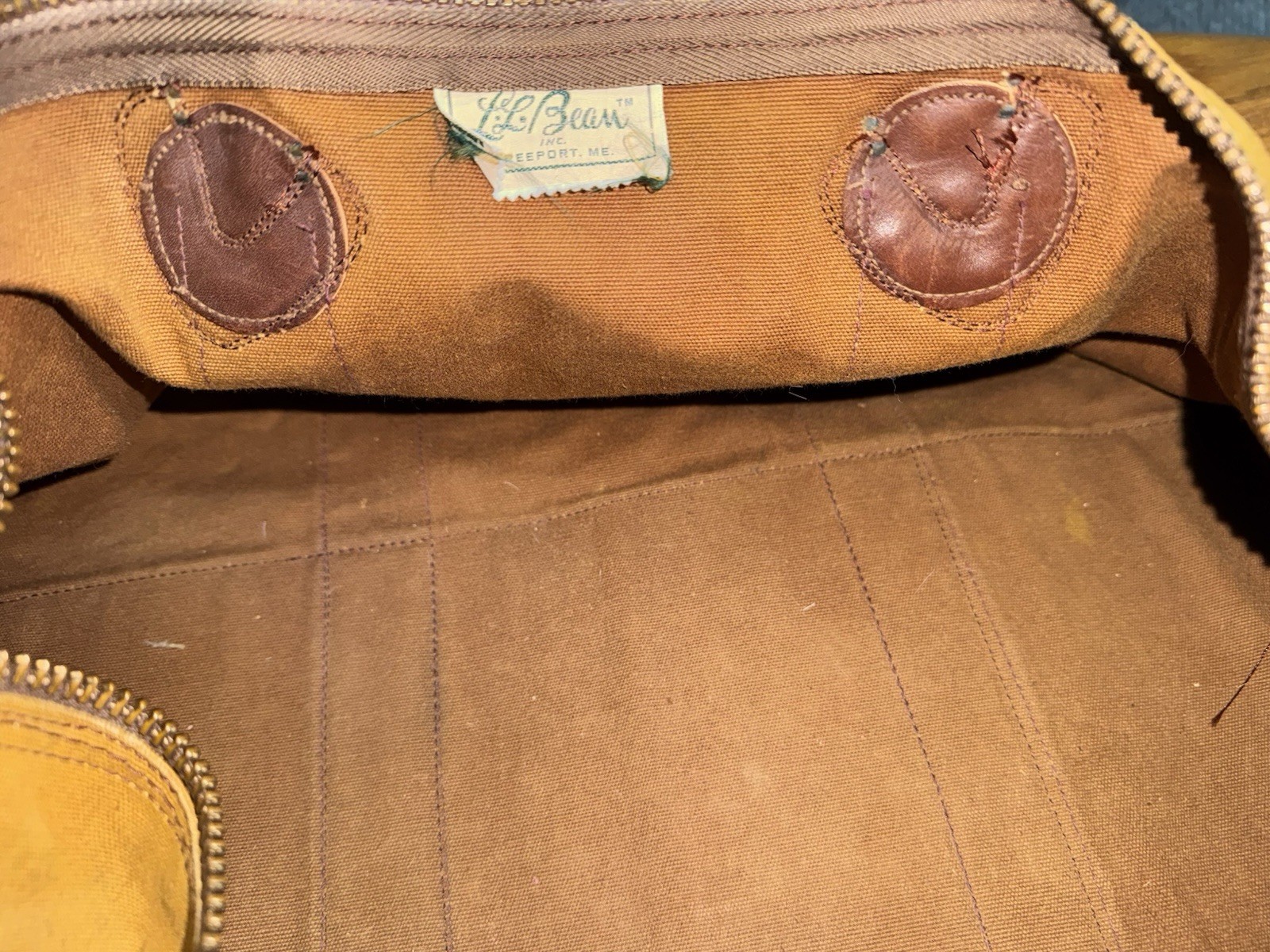Vintage 70s LL Bean Leather Bottom Canvas Duffle Bag Sportsman Script Tag USA