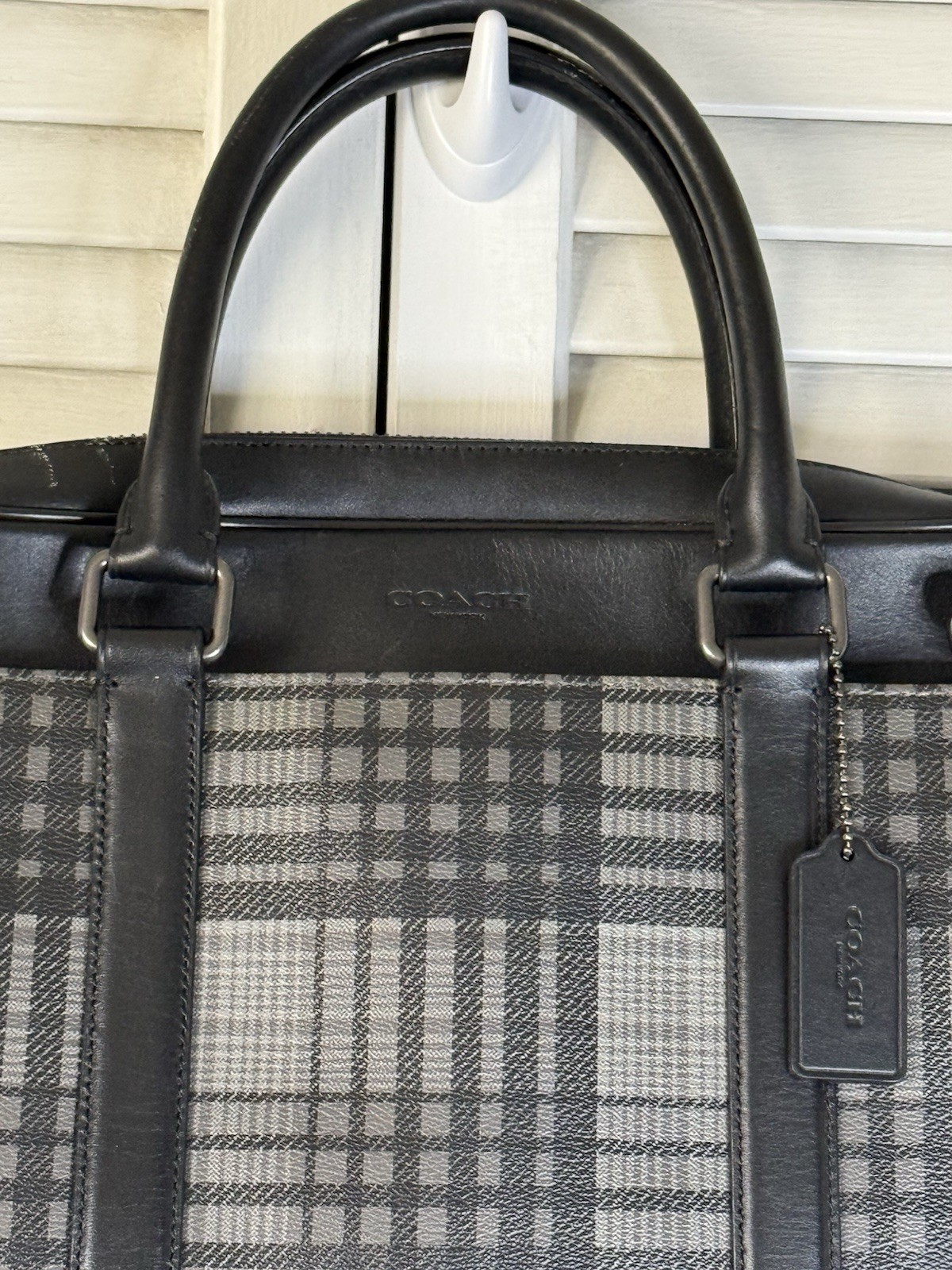 Coach Coated Canvas & Leather Perry Black & Gray Twill Plaid Briefcase
