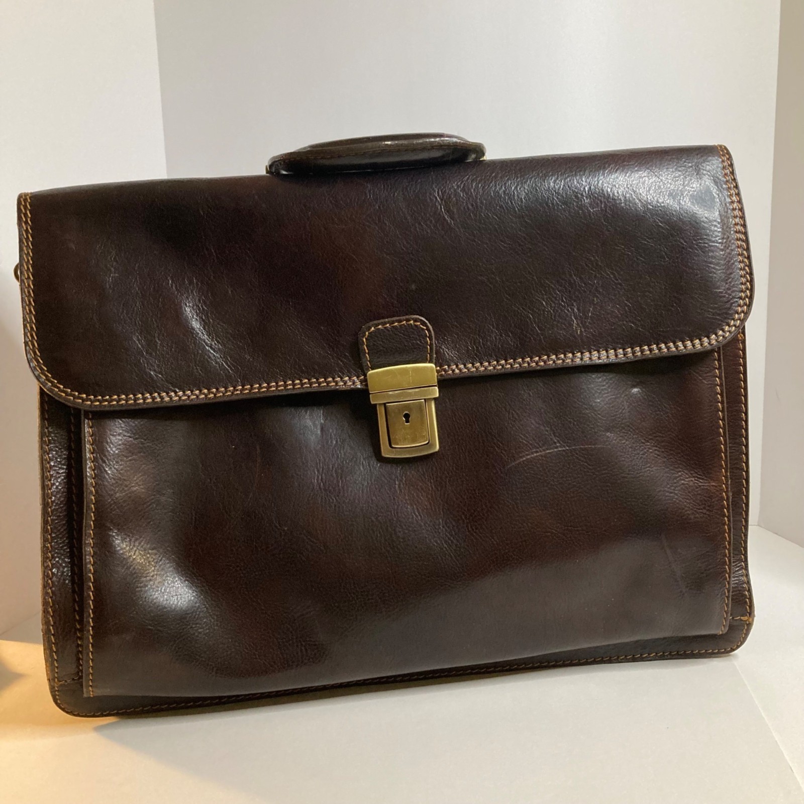 Mens Vintage Italian Leather Briefcase Attache Case Dark Brown 13 x17″ Flaw