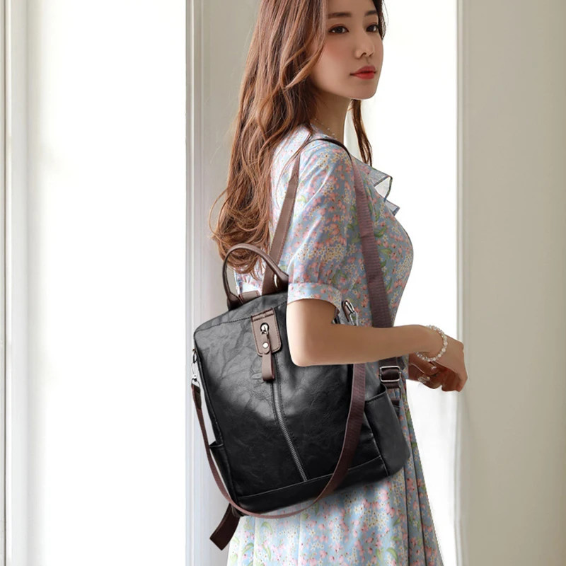 Anti Theft Backpack Faux Leather Large Capacity Travel Laptop Shoulder Bag Women