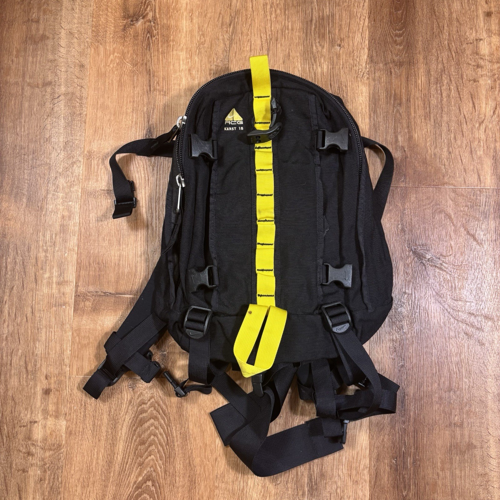 Vintage Nike ACG Karst Backpack 90s Small Hiking Climbing Bag Black Yellow Gym