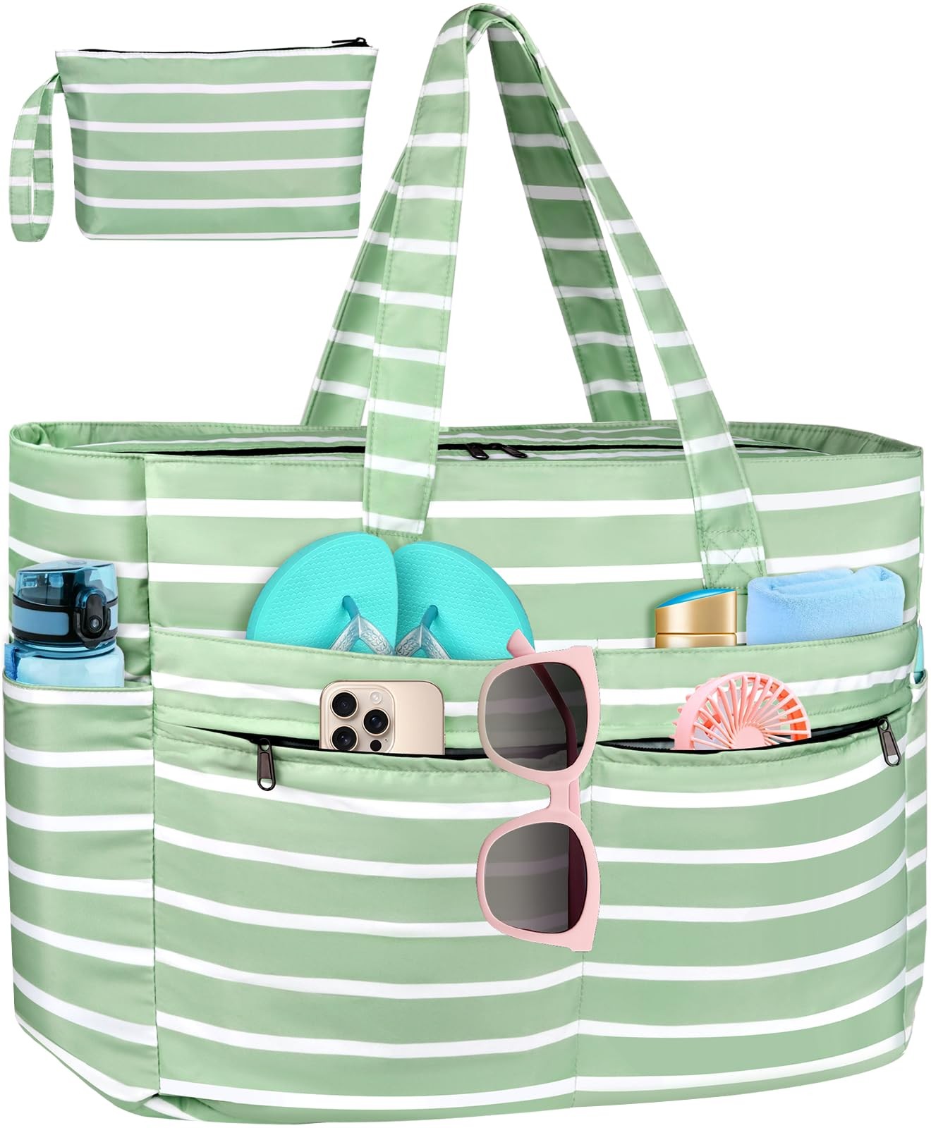 HUANLANG Extra Large Beach Bag Waterproof One Size, Light Green and White