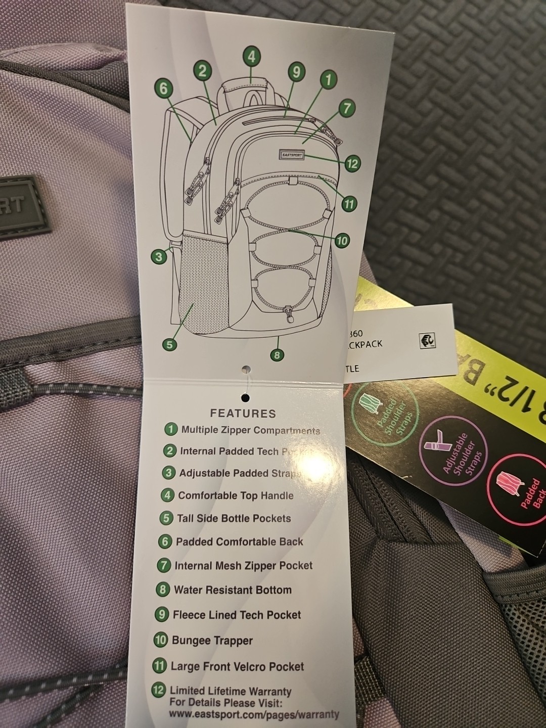 Brand New! 18 1/2″ Eastsport Backpack, Gray