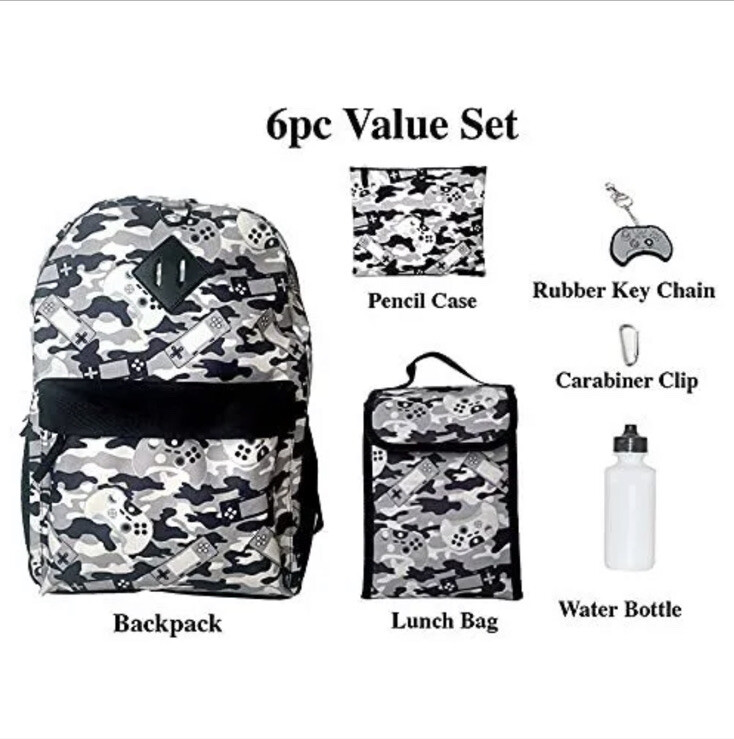 Grey Gaming Camo Backpack Set for Boys & Girls 16 inch 6 Pieces – Includes Fo…