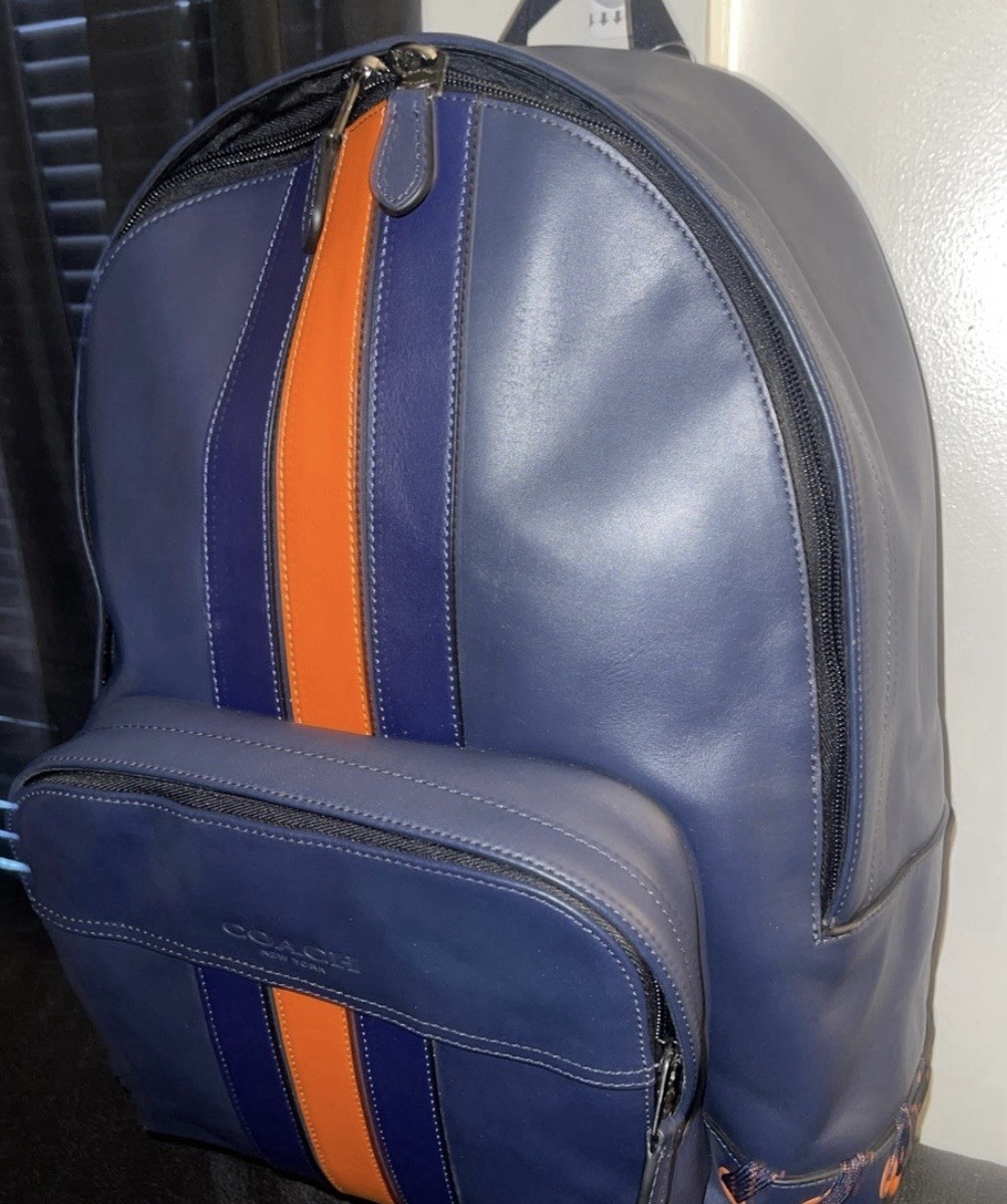 Coach Houston Backpack W Baseball Stitch F76868 Orange And Blue Leather