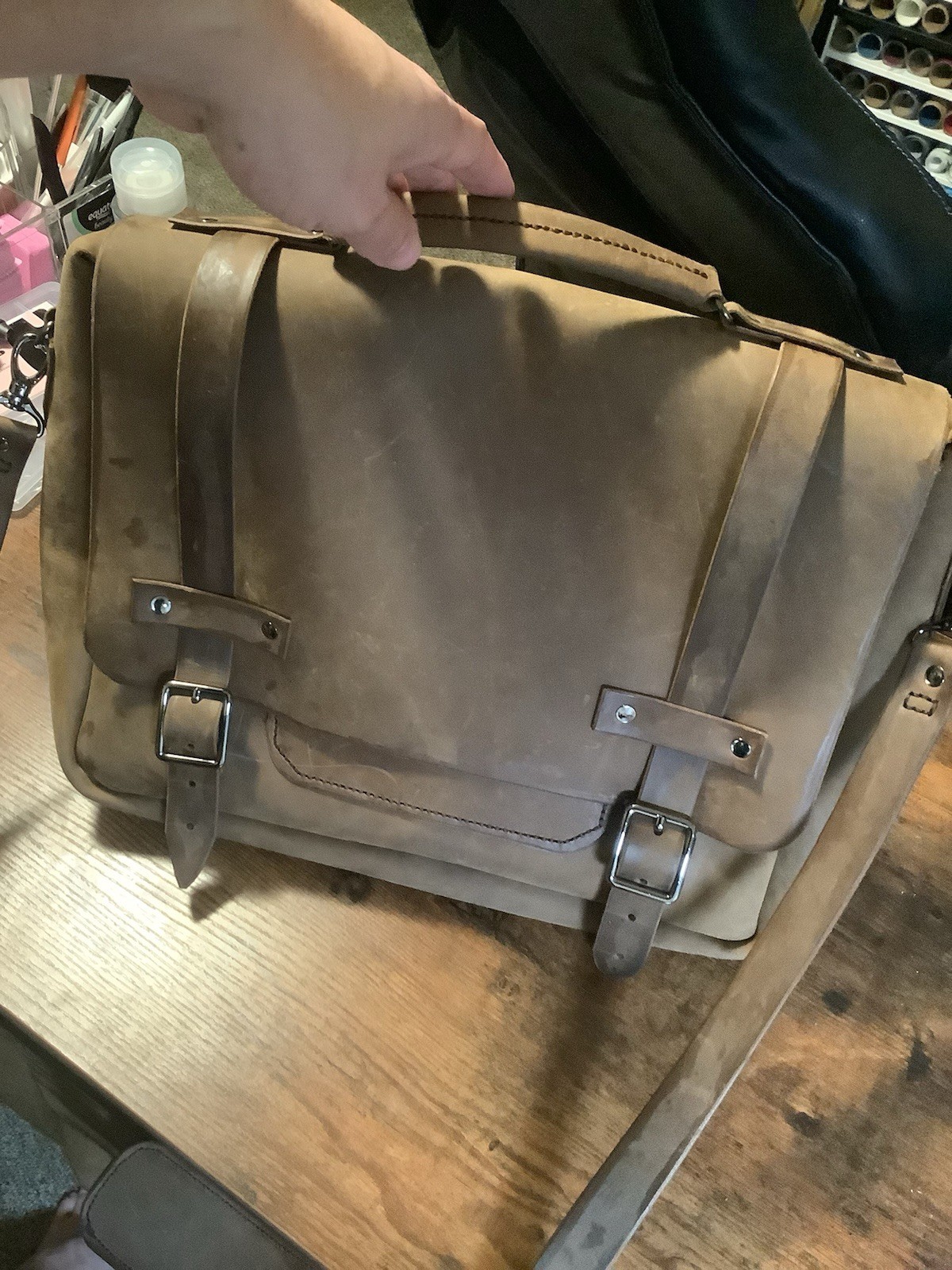Brown Large Messenger Bag Shoulder Strap Buckle Closure Adjustable Strap