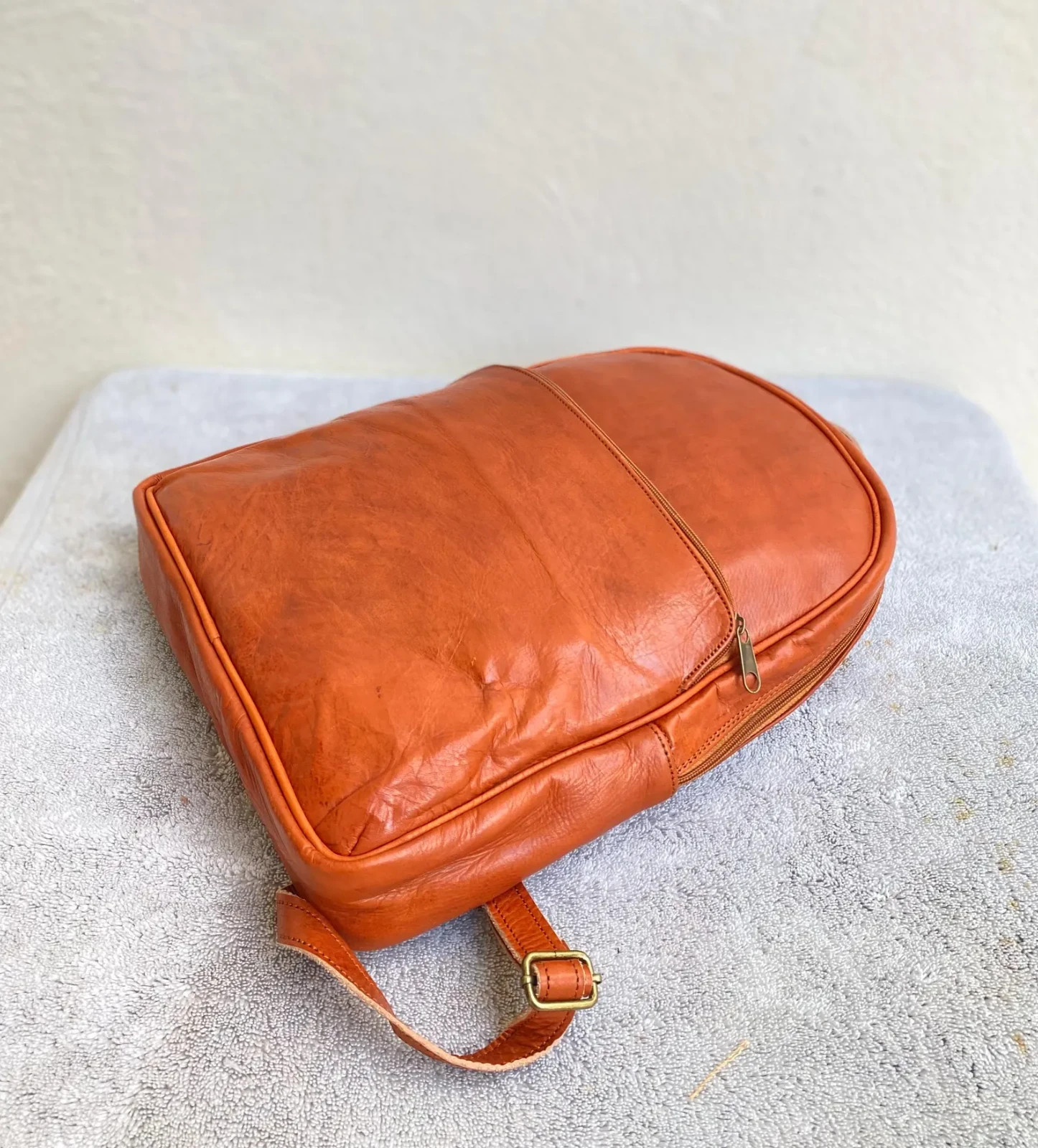 Handcrafted Genuine Leather Round Satchel Bag – Cognac | Double Front Pockets