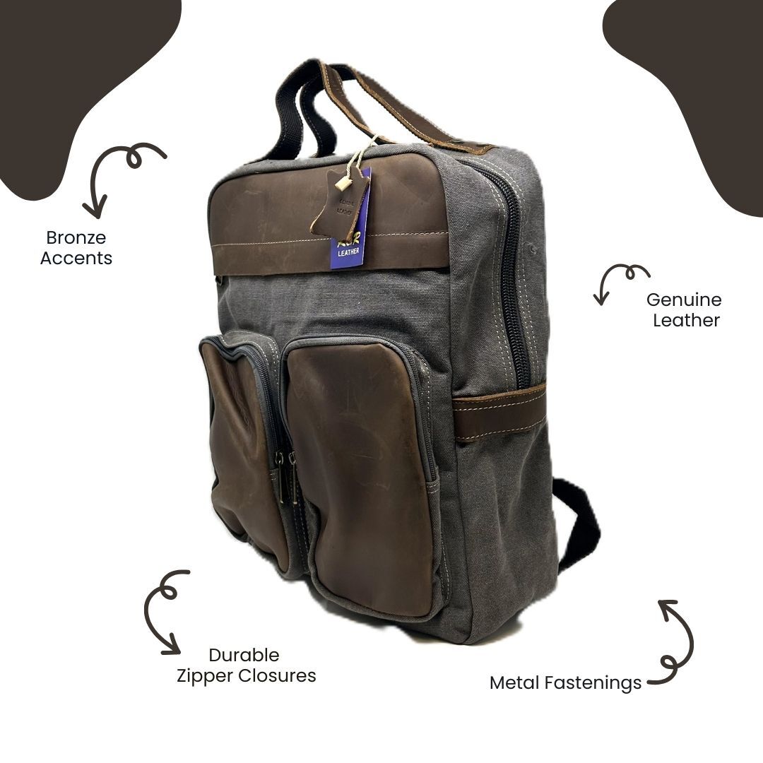 R&R Leather and Canvas Laptop Backpack Bag – Dark Grey