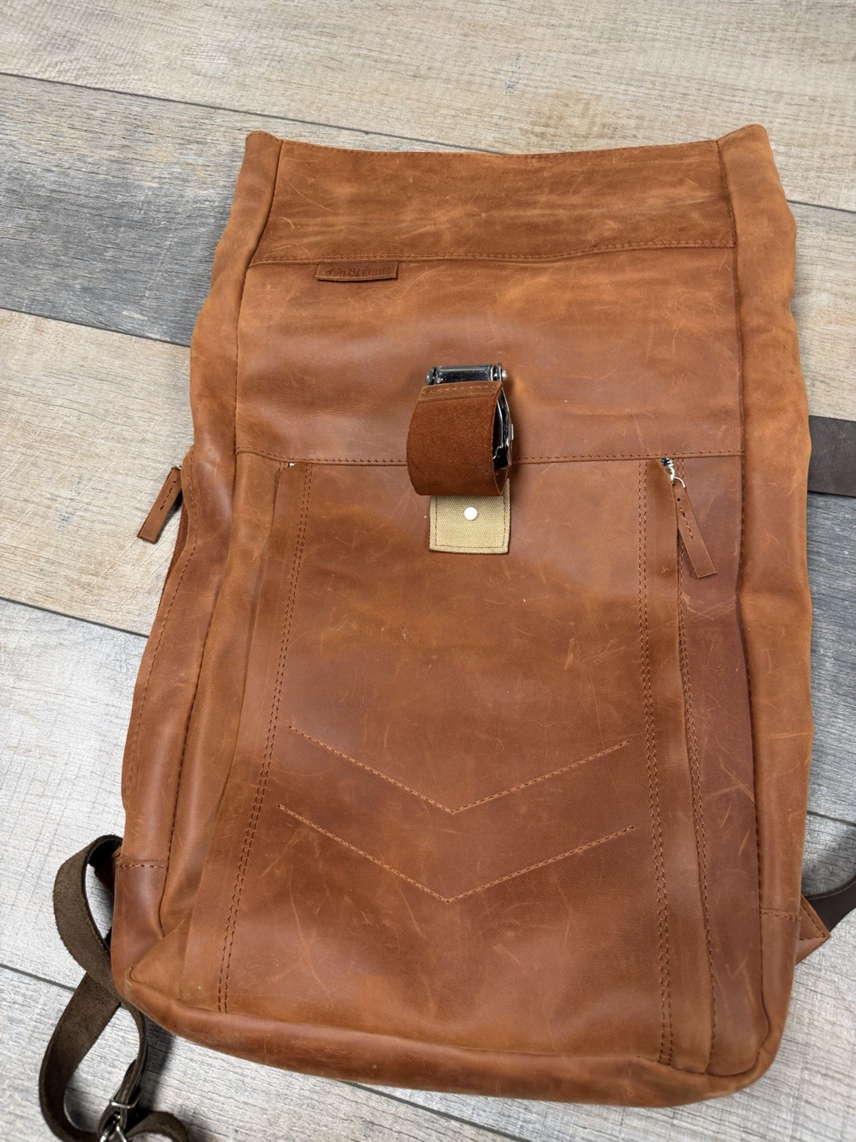 Men’s Brown Roll-Top Backpack Buckle & Zip Closure with Outer Pockets