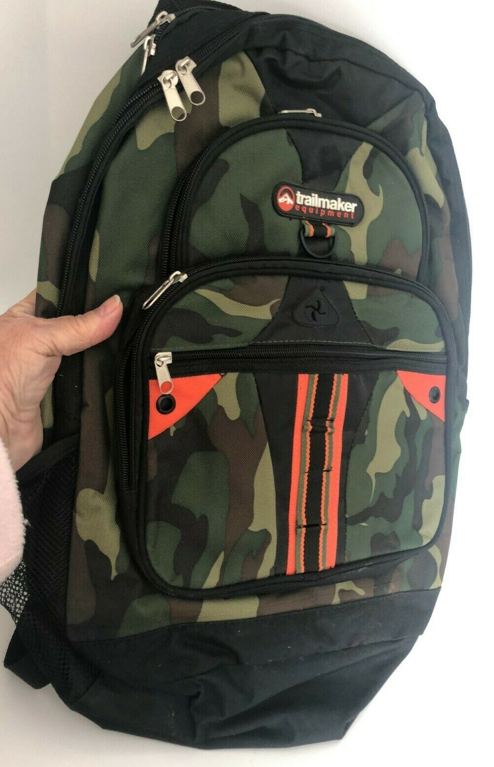 New LG Mens TRAILMAKER EQUIPMENT BACKPACK Camo Orange Black Mesh Pockets EXPANDS