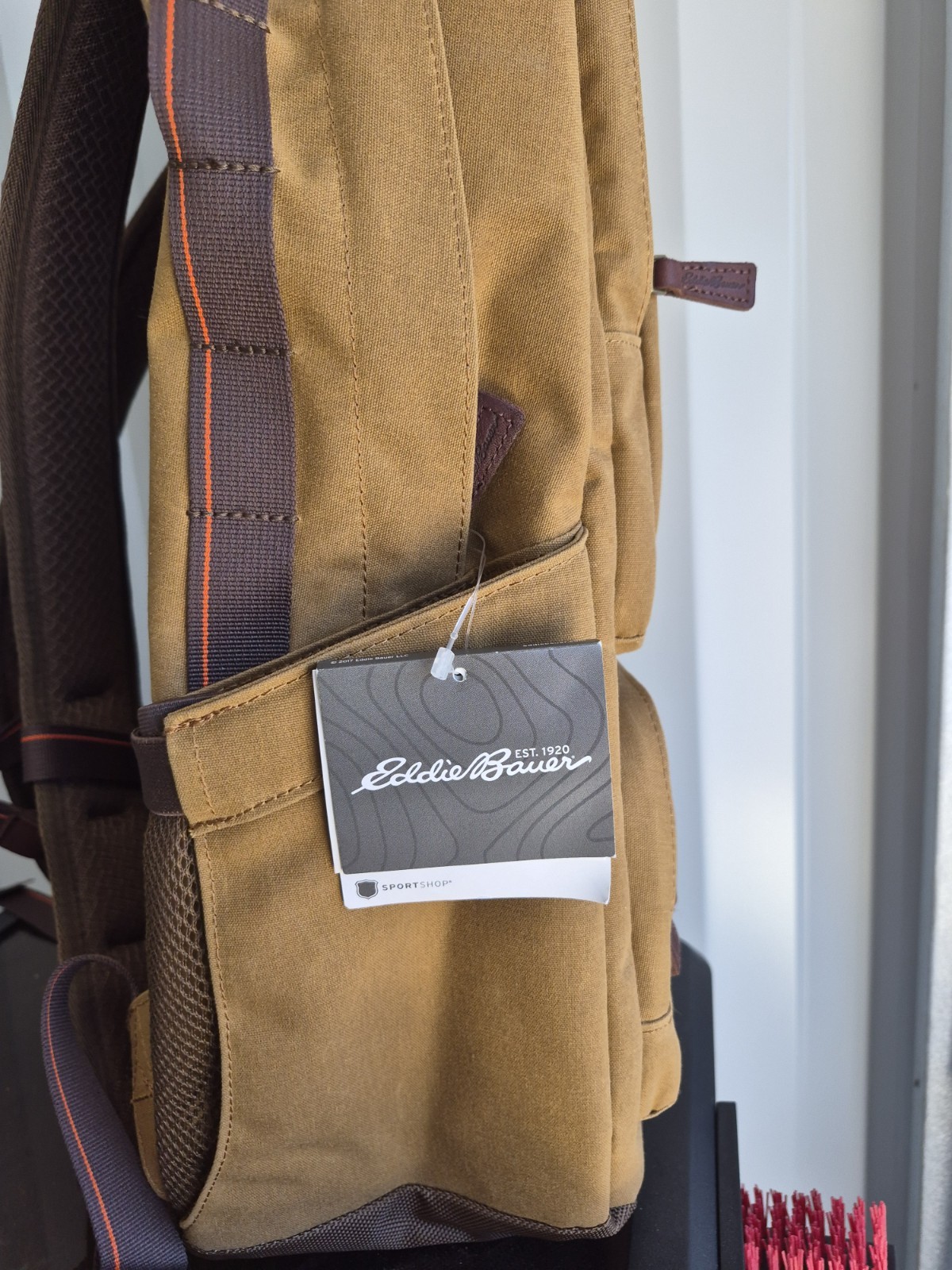 Eddie Bauer Backpack Day Pack 3 Sections, Tan With 3 Pockets Outside