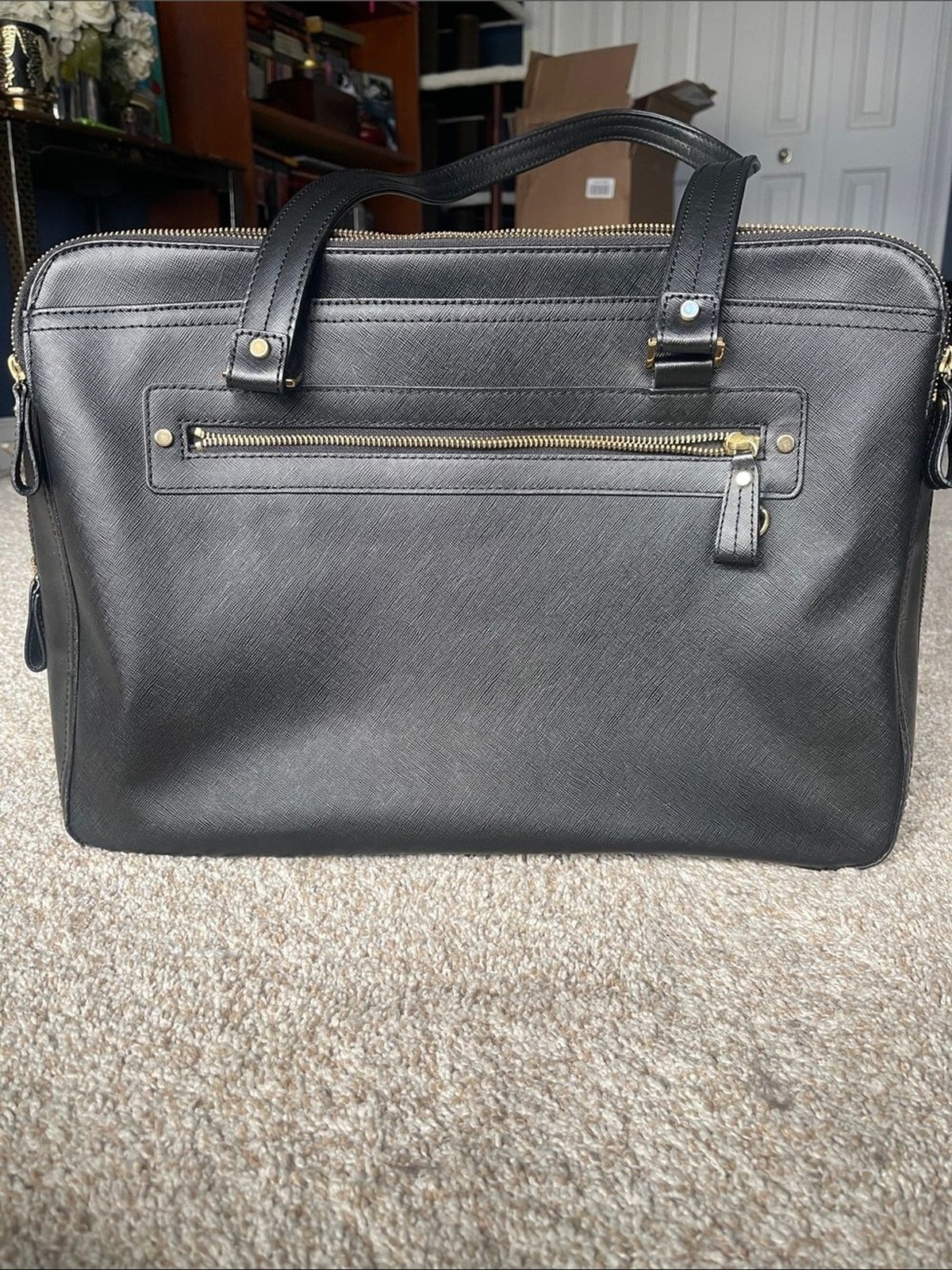 Unisex Levenger Black Saffiano Leather Laptop Briefcase with Gold Hardware