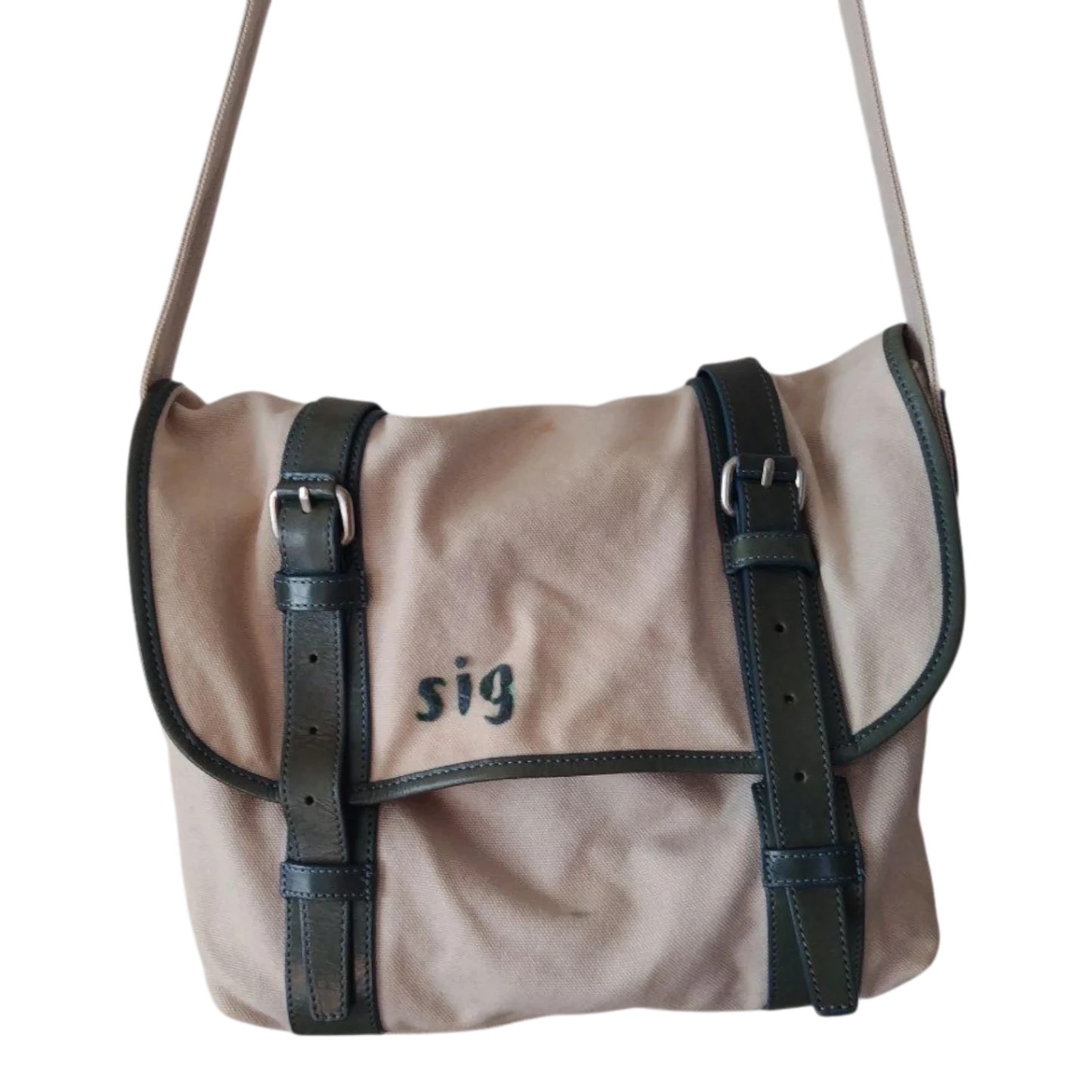 Paul Smith Canvas Shoulder Bag Beige/Dark Green 40x25x12.5cm Used