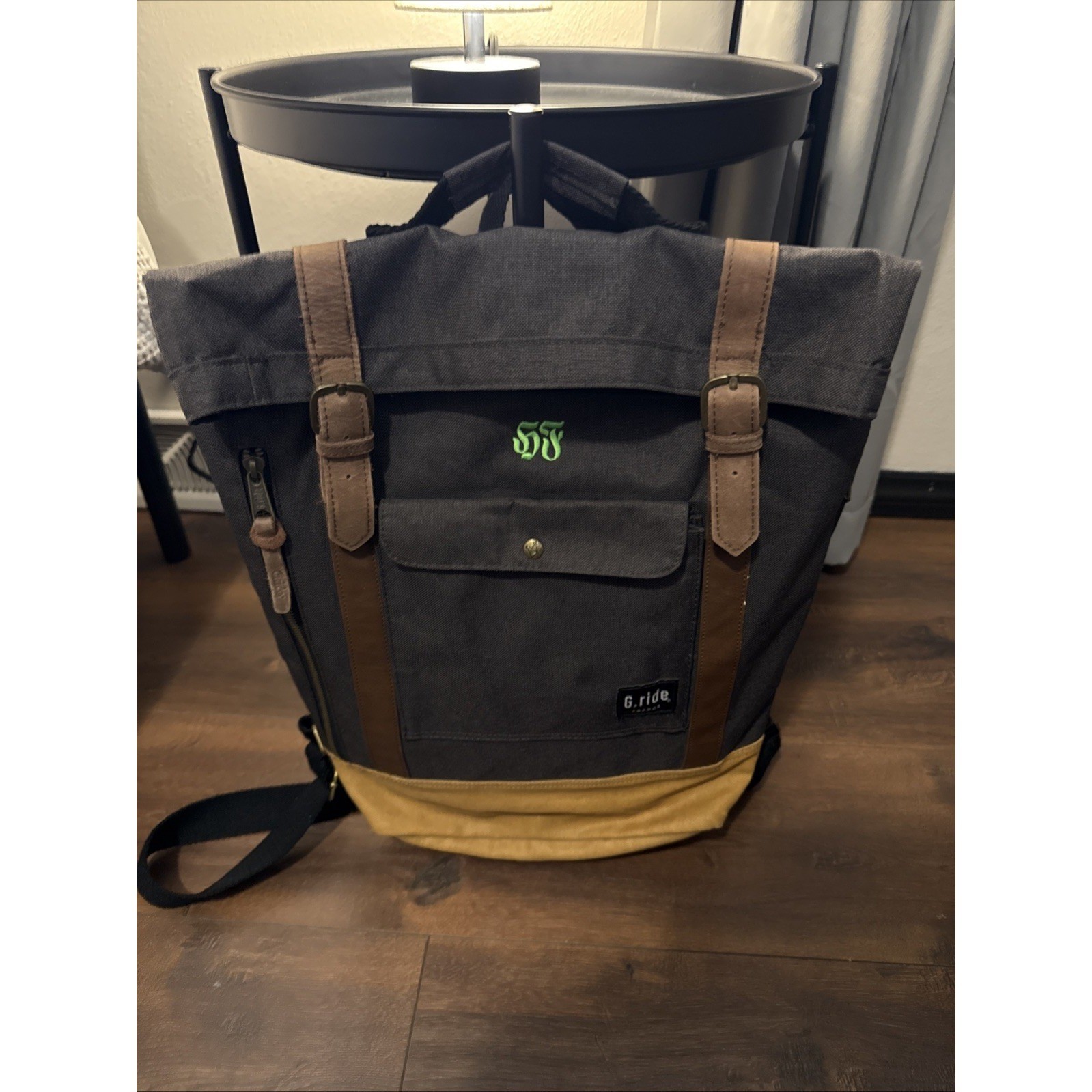 G. Ride France Roll Top Canvas Leather Backpack Dark Gray Khaki Accent