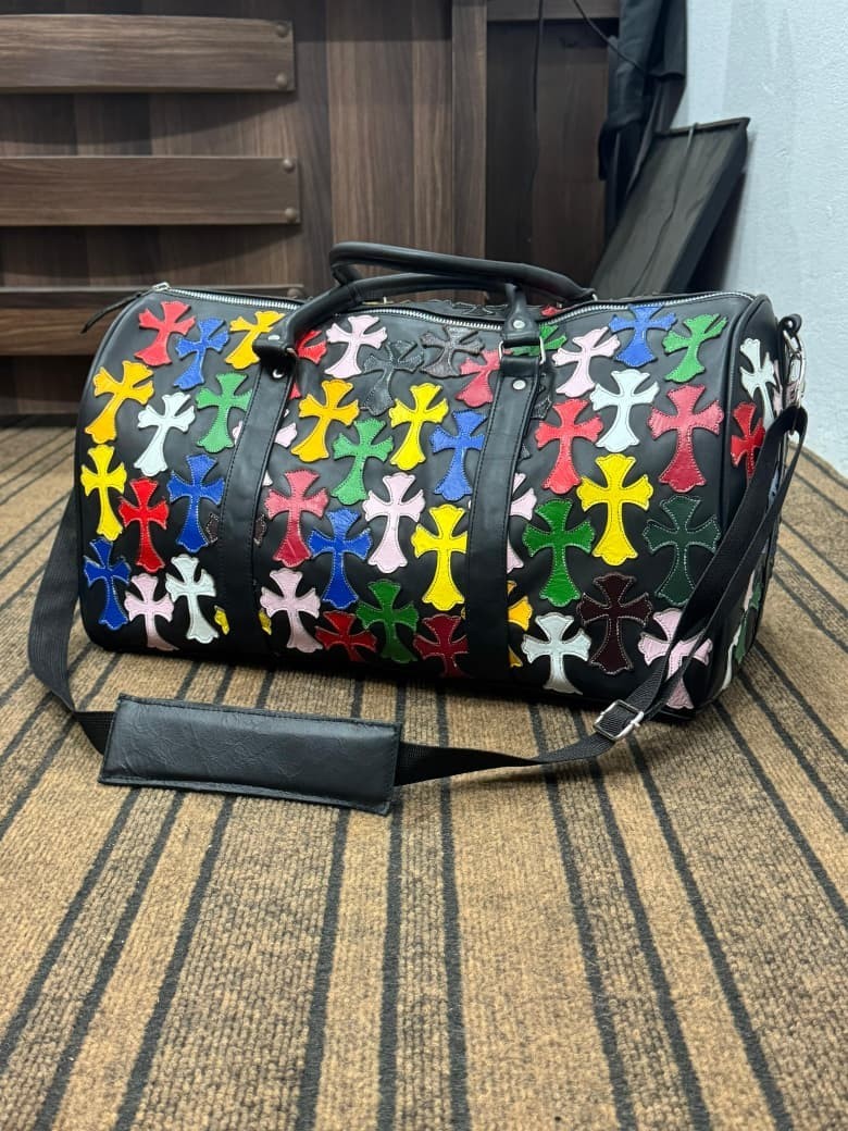 Custom Made Cowhide Leather Chrome Heart Duffle Bag Black Color S M L size