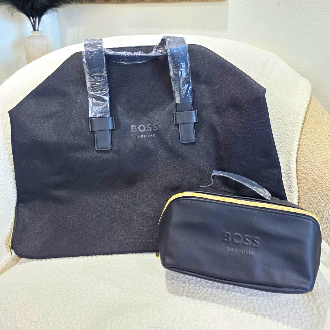 BOSS Men’s Black Travel Bag Set, Zip Closure, Double Handles + Toiletry Pouch