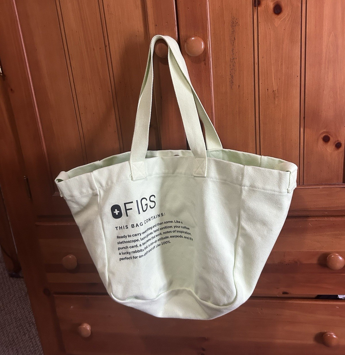 FIGS light green Tote Bag Button Closure Double Handles Unisex Casual Travel