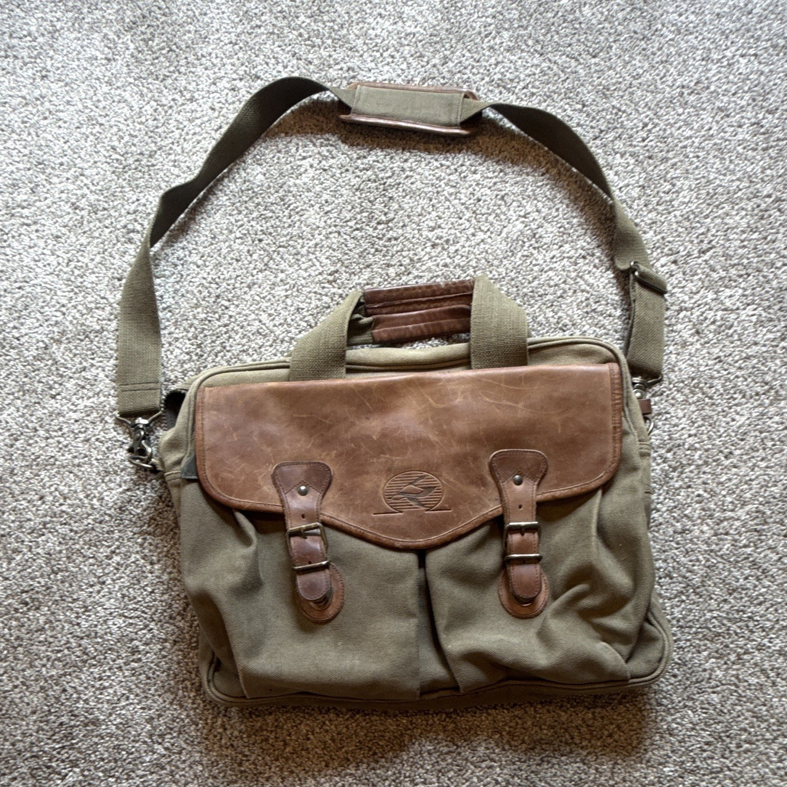 Green/Brown Messenger Bag Medium Buckle Zip Flap Adjustable Strap Inner Pockets