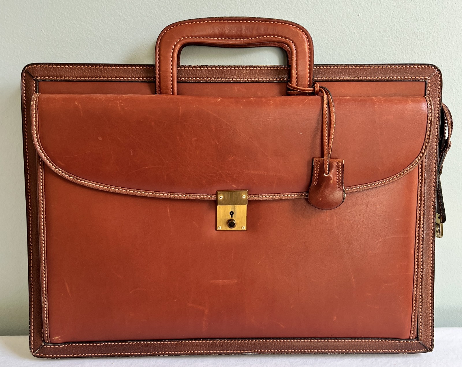 Vintage Mark Cross Single Gusset Briefcase Brown Leather Italy Push Lock Keys
