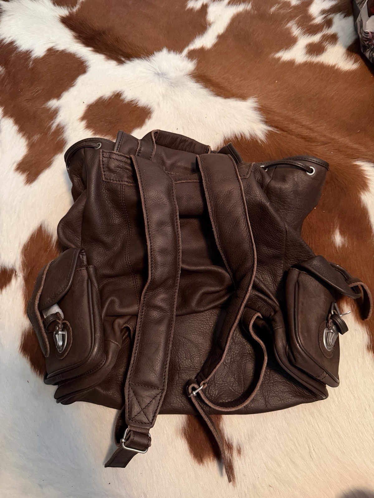 Brown Backpack Buckle Drawstring Closure Front Side Pockets Unisex Casual