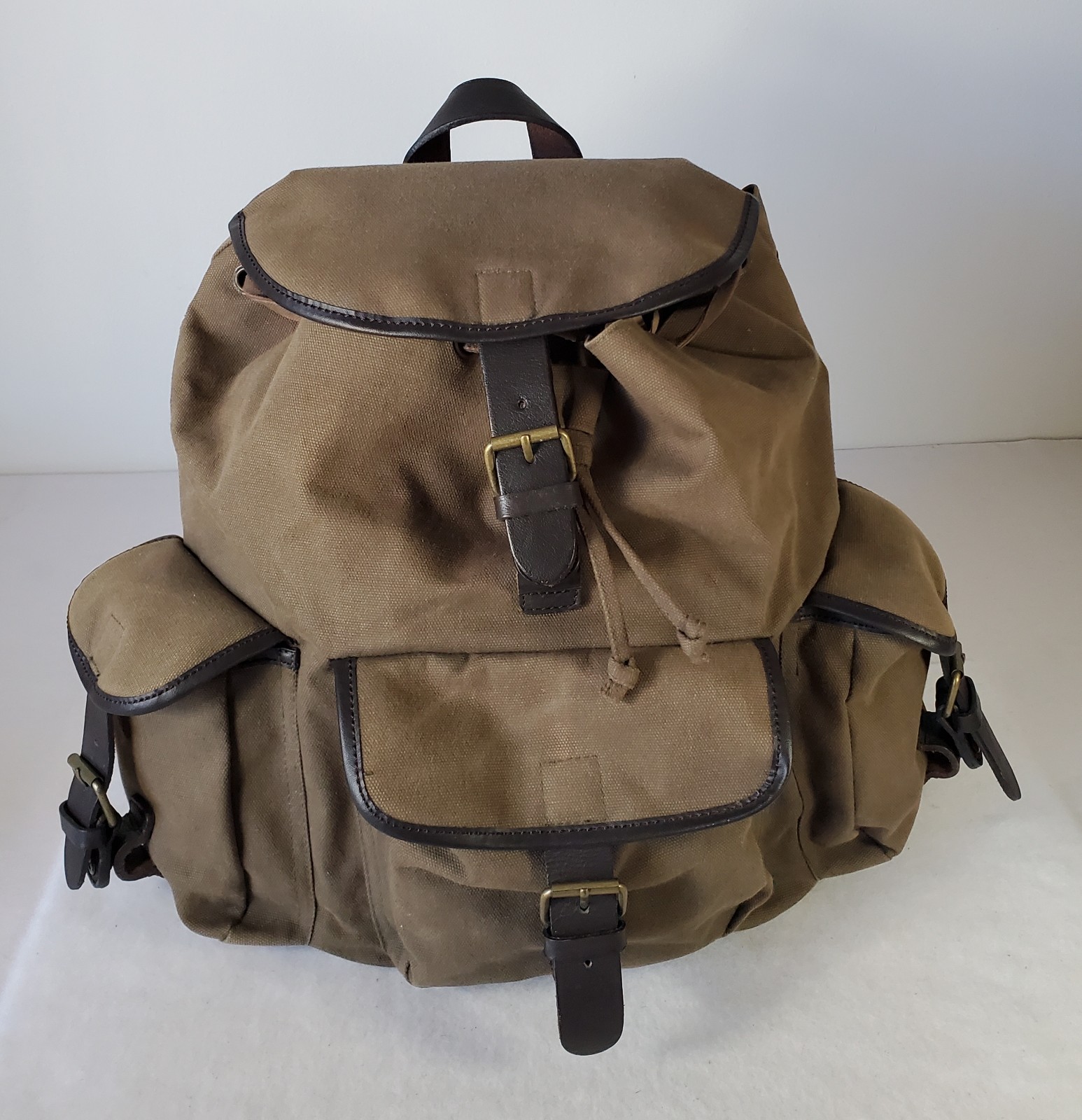 GAP Canvas Military Backpack Leather Straps Snap Pockets Drawstring/ Zipper READ