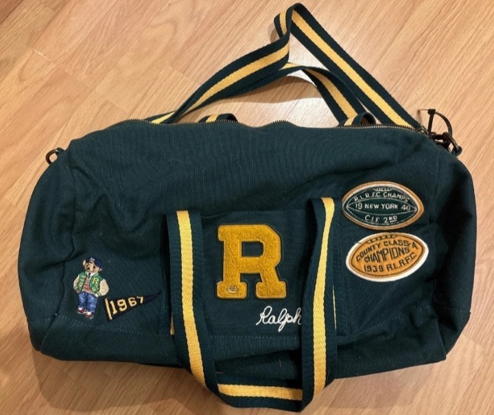 RARE POLO RALPH LAUREN Varsity Bear Rugby Duffle Bag Patches Pennant Green NWT