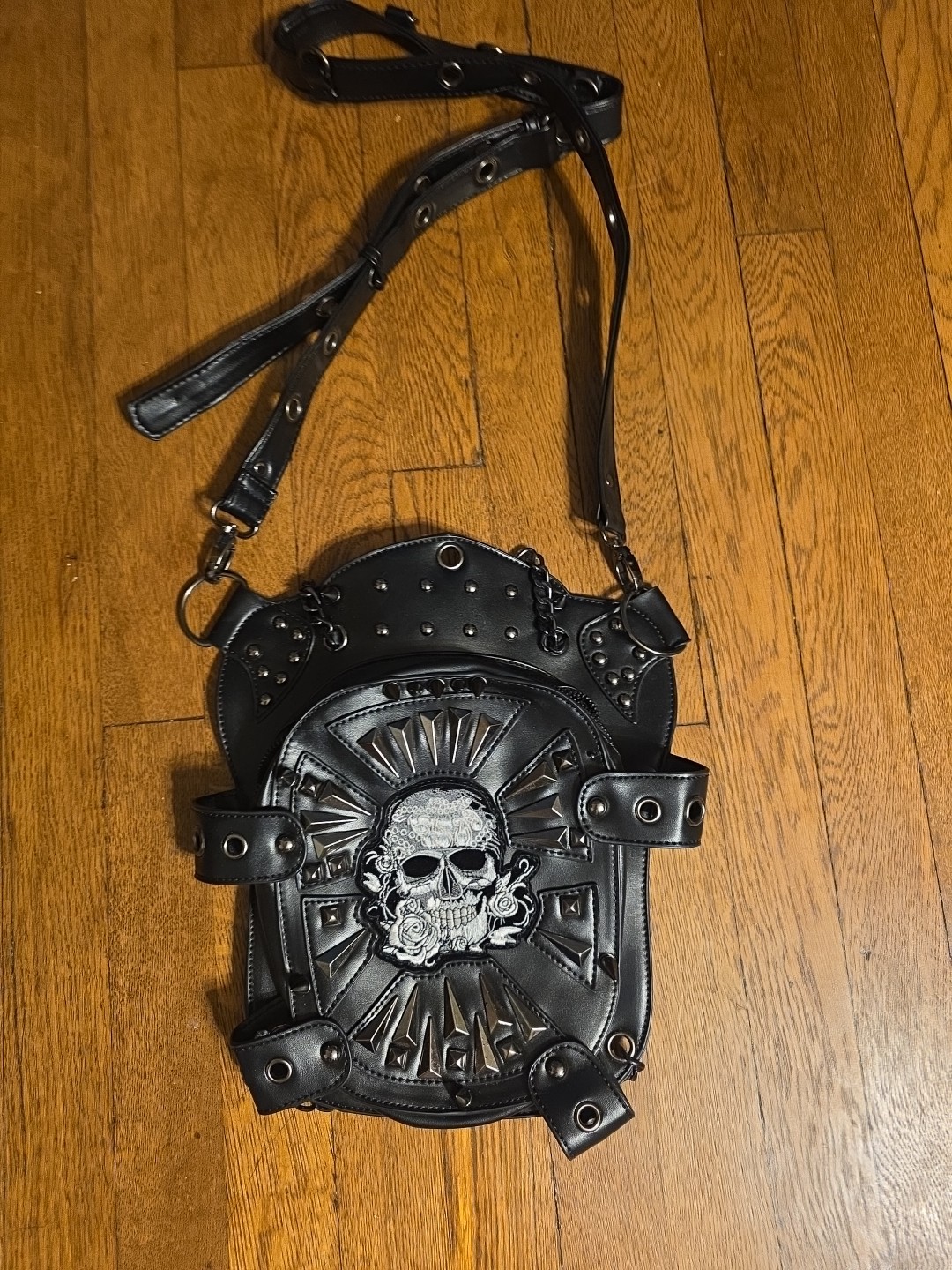Embroidered Skull Spikes Rivets & Chains Black Leather Backpack
