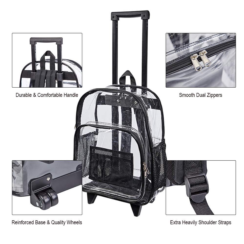 Rolling Clear Backpack, Heavy Duty See Through Bookbag, Transparent with Wheels