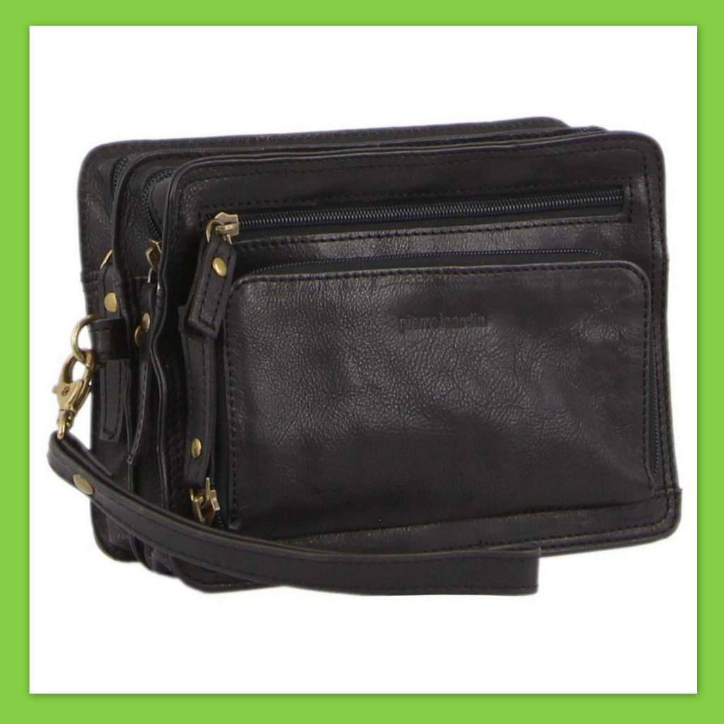 PIERRE CARDIN MEN’S ITALIAN LEATHER ORGANISER WRIST BAG TOILETRY Handbag 20x15cm