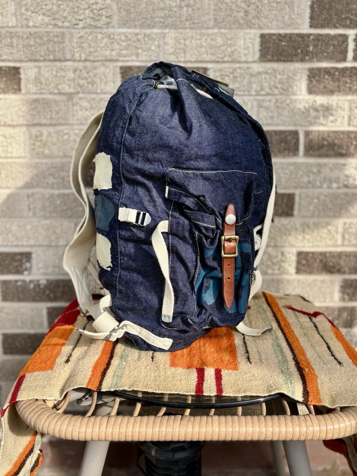 RRL Double RL Denim Patchwork Backpack Men Adjustable Strap Exterior Pockets