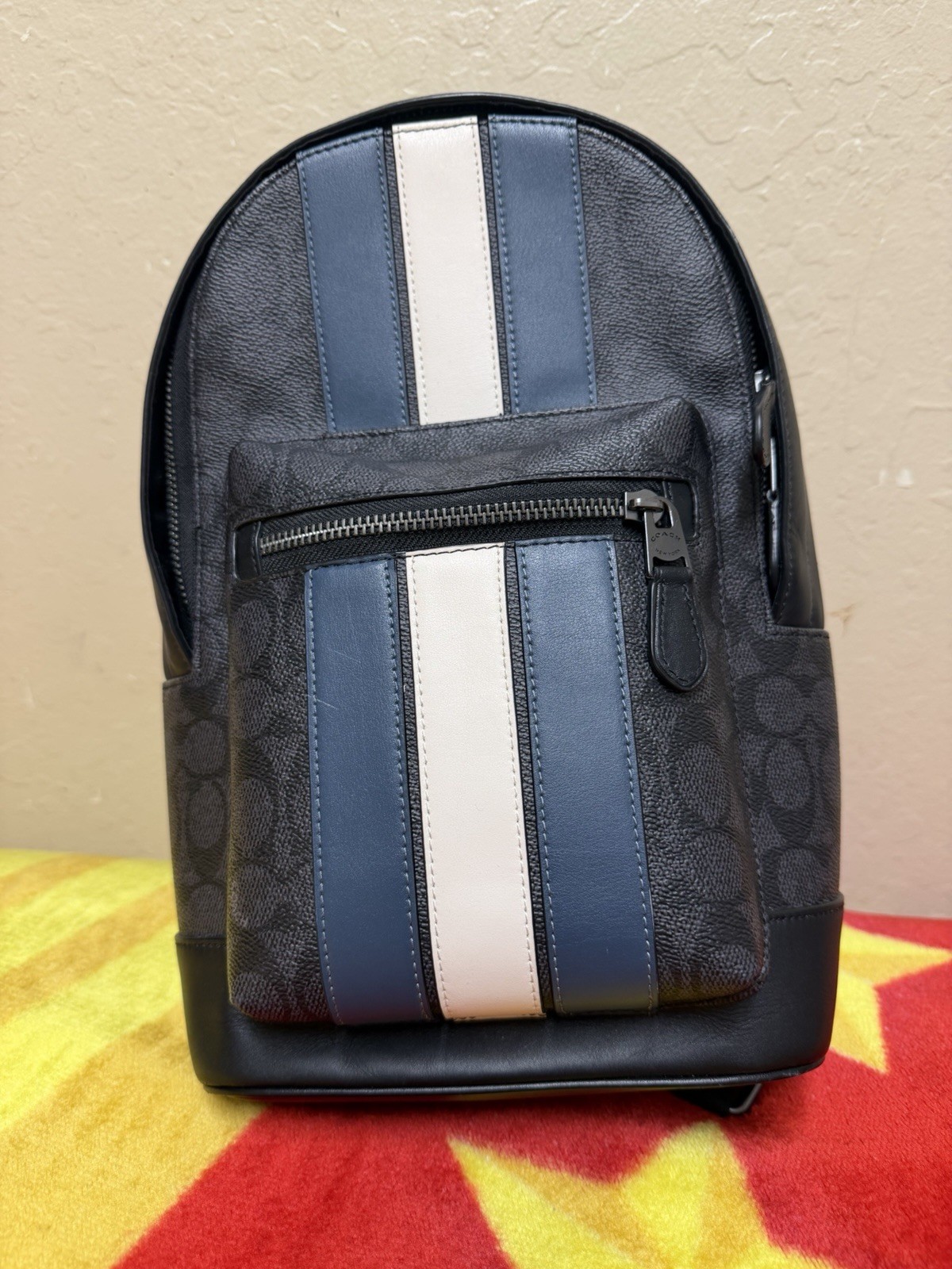 Coach Men’s Black Blue Striped Backpack Adjustable Strap Inner Outer Pockets